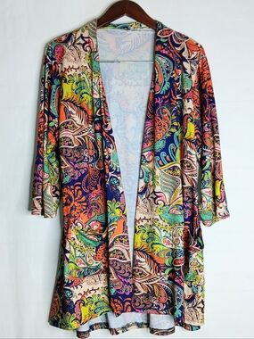 Zerdocean 1XL Open Cardigan 60's Style Paisley Pattern Pockets Stretch